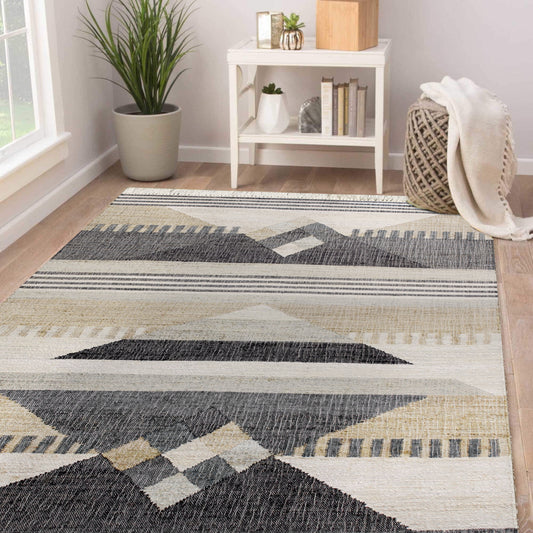 Nimroz-81984 Rustic Hand-Woven Tan/Black/Blue/Gray/White Cotton Indoor Area Rug - LR Home