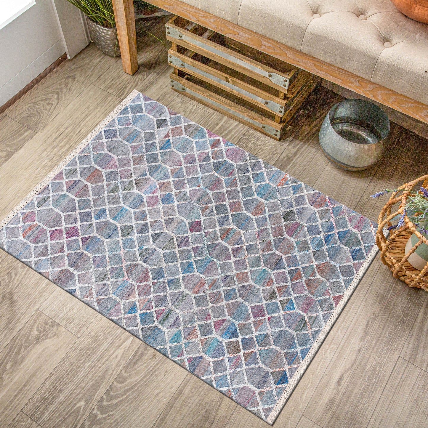 Nimroz-81985 Contemporary Hand-Woven White/Blue/Red/Orange/Multi Cotton Indoor Area Rug - LR Home