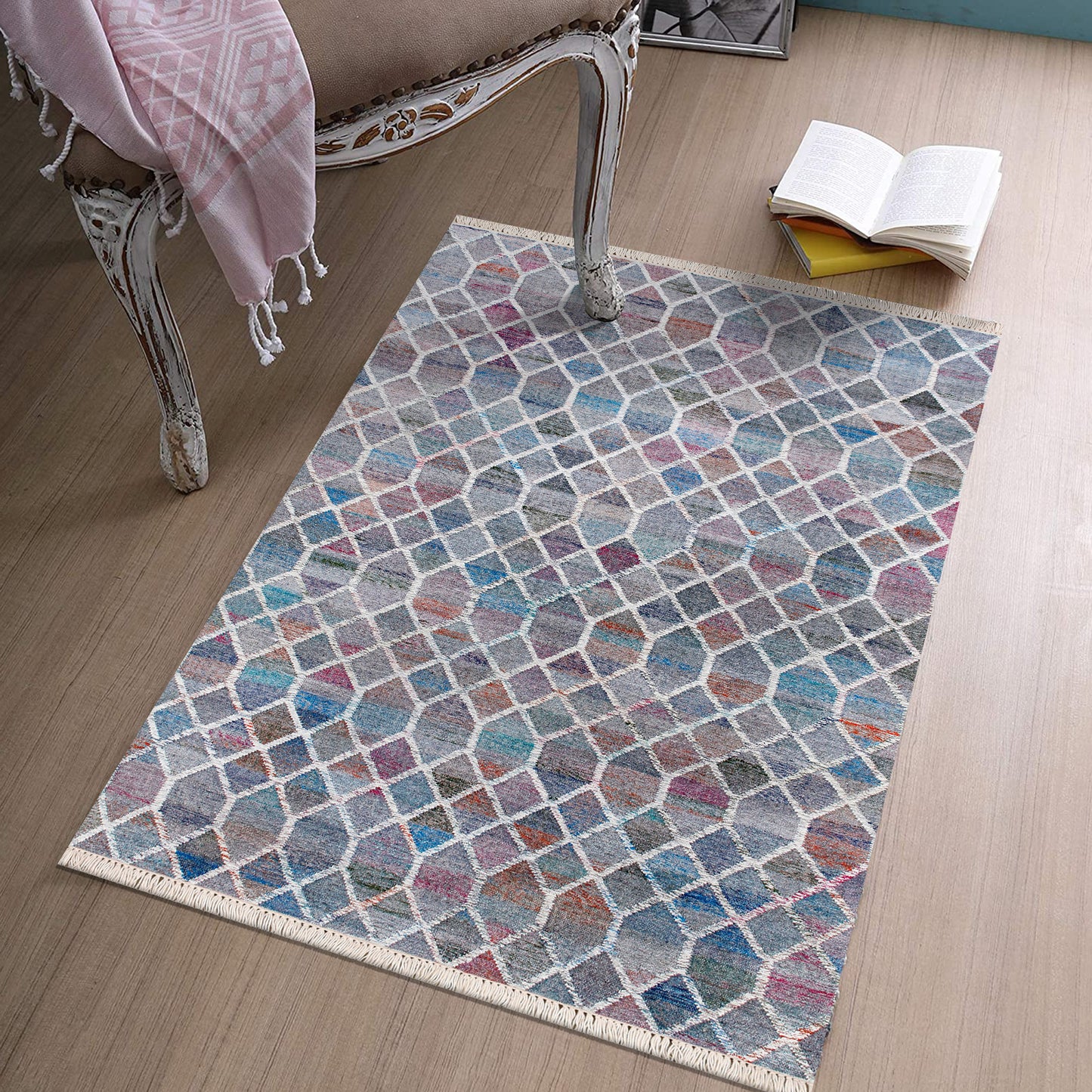 Nimroz-81985 Contemporary Hand-Woven White/Blue/Red/Orange/Multi Cotton Indoor Area Rug - LR Home