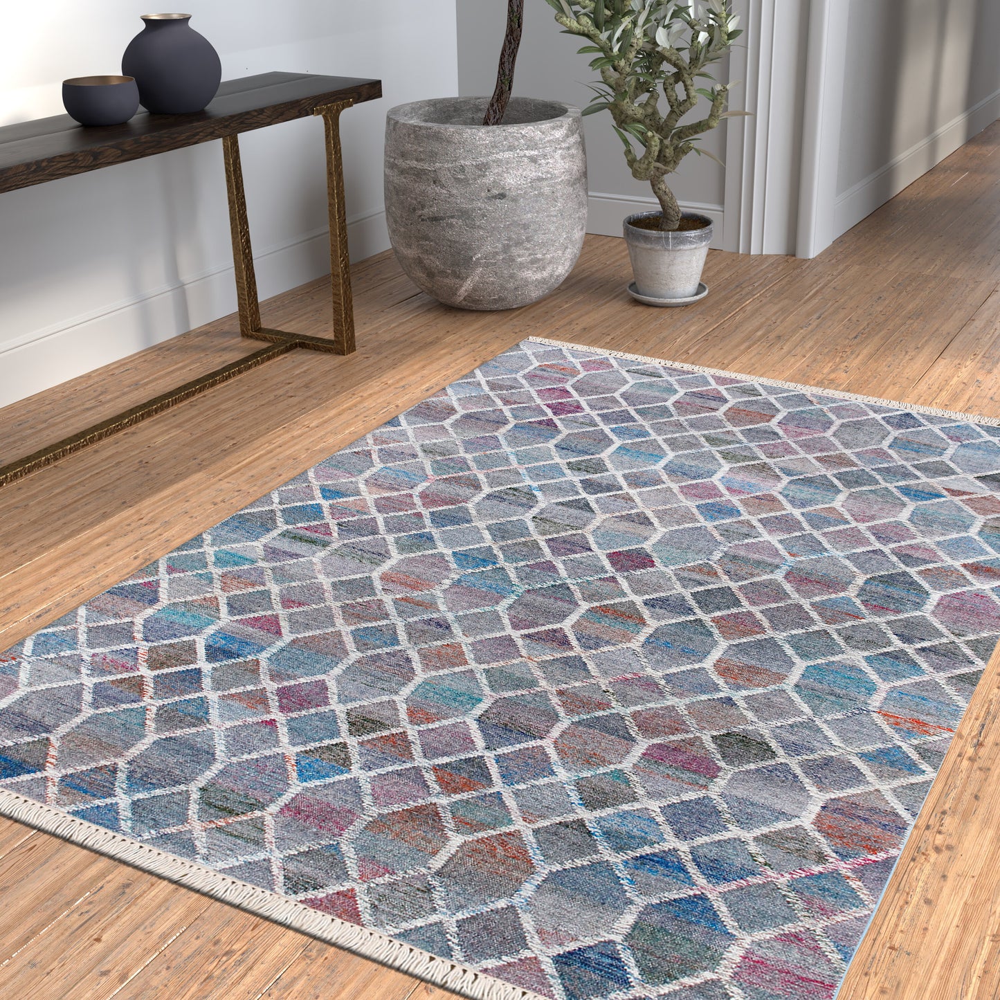 Nimroz-81985 Contemporary Hand-Woven White/Blue/Red/Orange/Multi Cotton Indoor Area Rug - LR Home