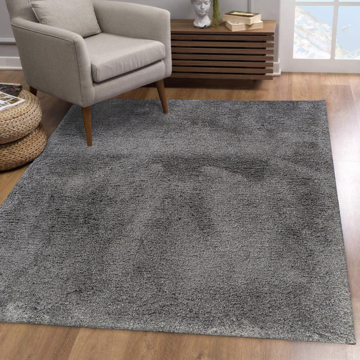 Black Shag Solid Hand-Loomed Polyester Indoor Area Rug - lifestyle view