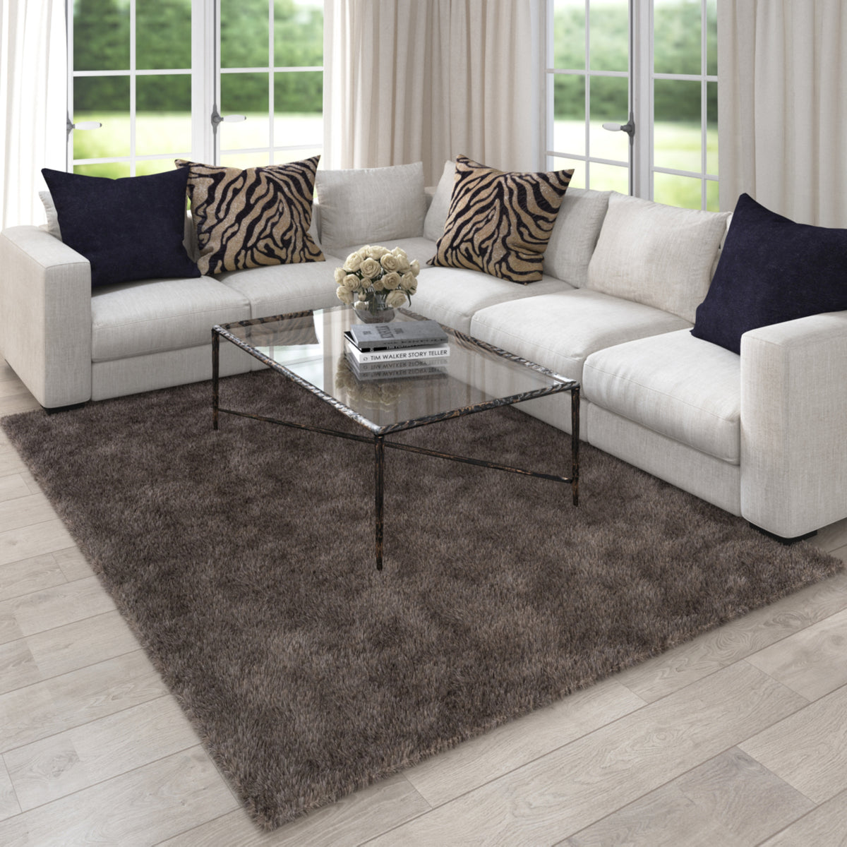 Silver Shag Solid Hand-Loomed Polyester Indoor Area Rug - lifestyle view