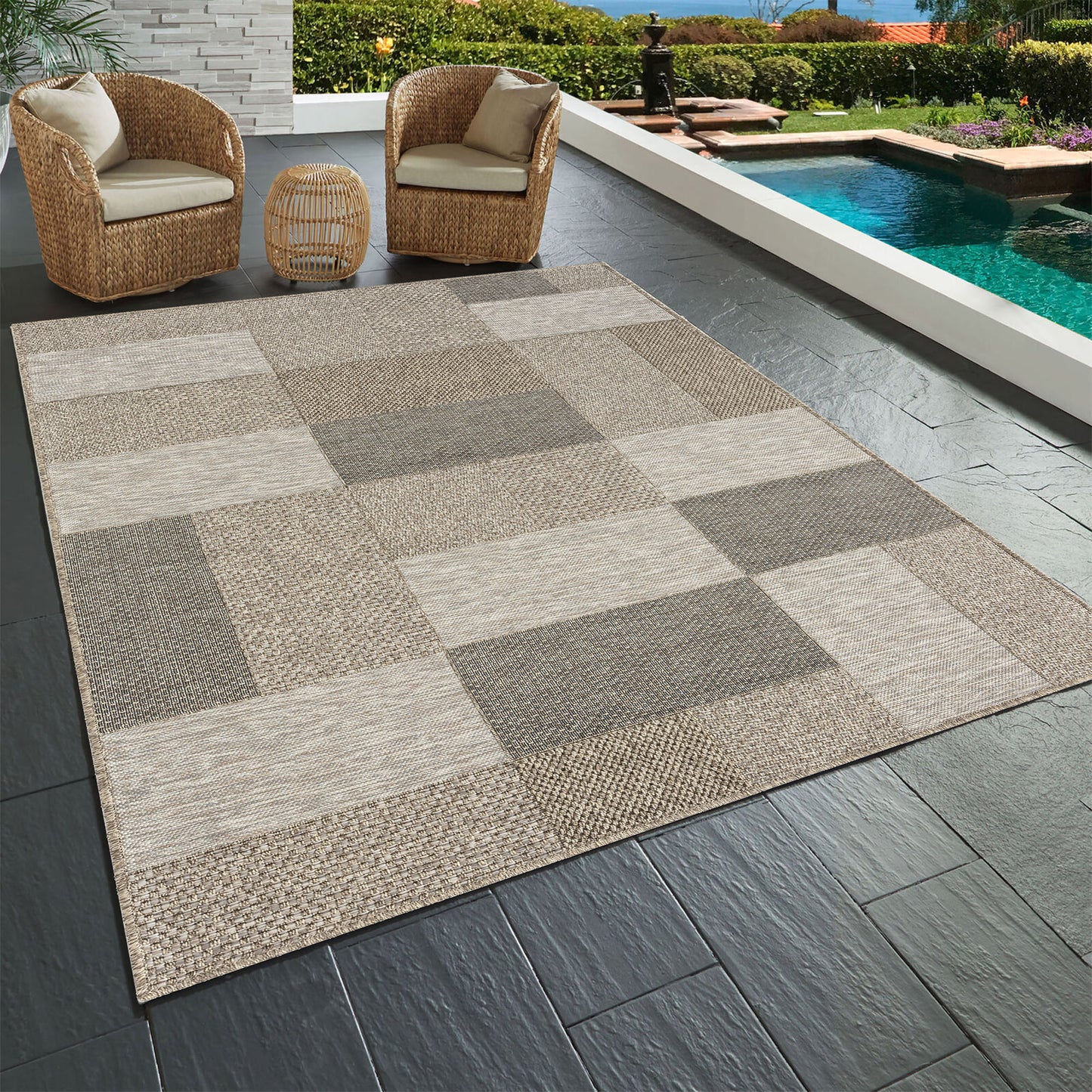 Oslo-82114 Transitional Power-Loomed Tan/Brown Self-Backed Indoor/Outdoor Area Rug - LR Home