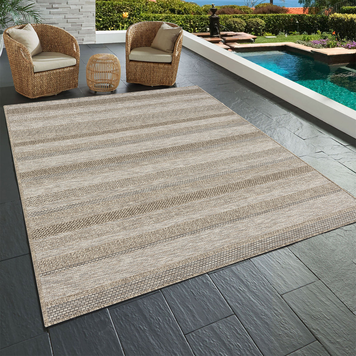 Oslo Modern Striped Brown Indoor Outdoor Area Rug - lifestyle view 2