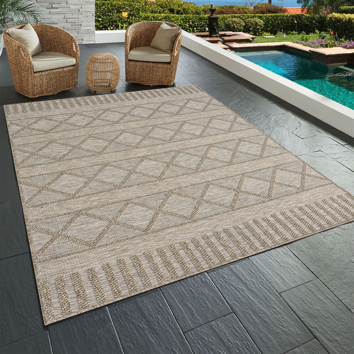 OSLOC-82118 Transitional/Casual Machine Made Tan/Brown Resistant Poly Indoor/Outdoor Area Rugs - LR Home