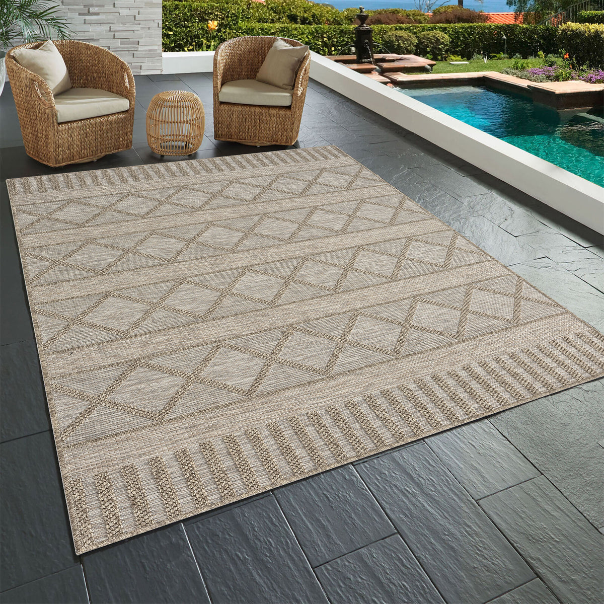 Oslo Contemporary Diamond Brown Indoor Outdoor Area Rug - lifestyle view 2