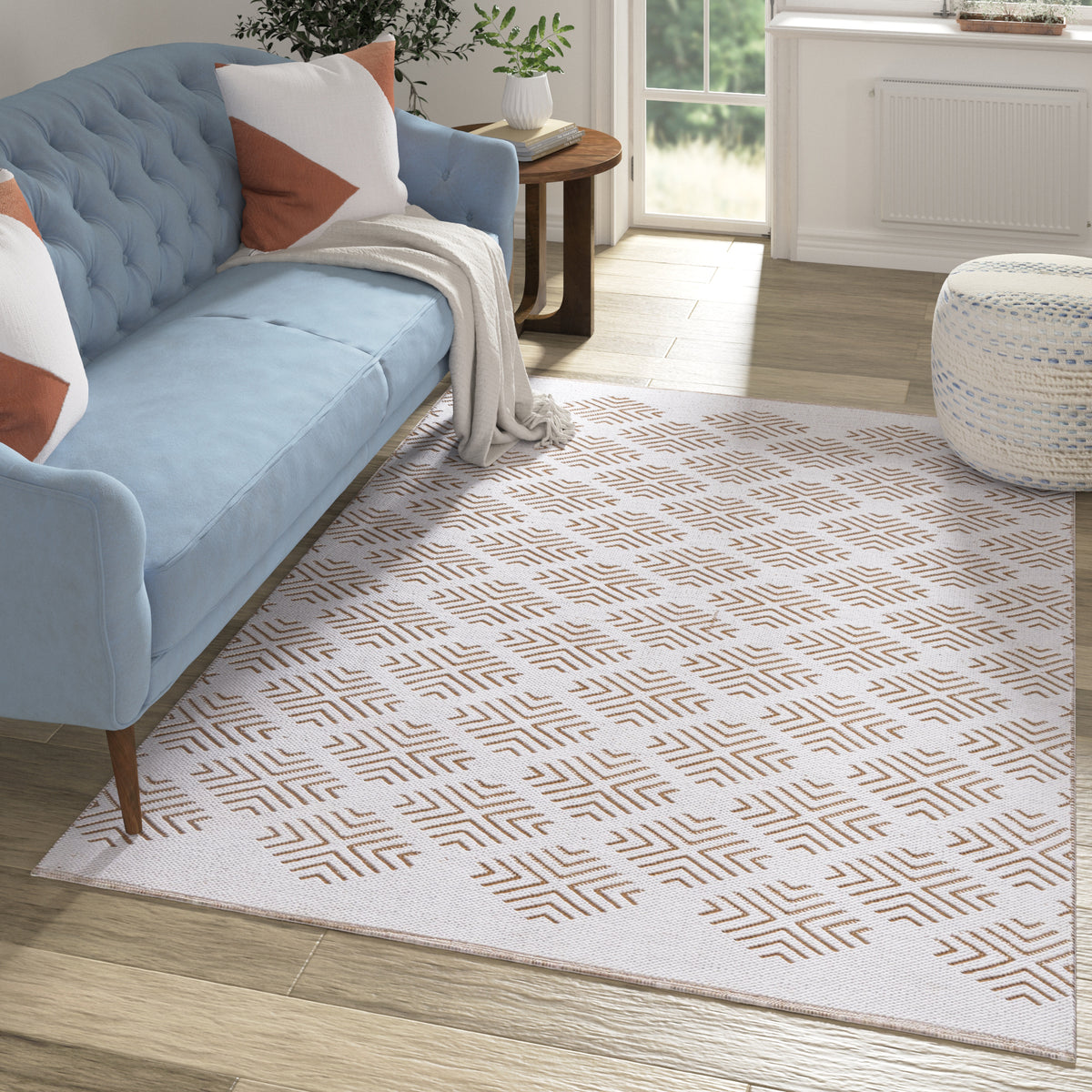 Tan/ White Diamond Modern Flatweave Cotton/Polyester Indoor Area Rug - lifestyle view