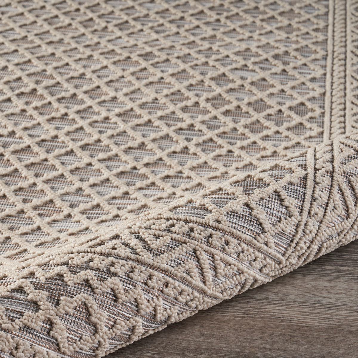 Natural-Toned Classic Geometric Indoor/Outdoor Rug - corner view