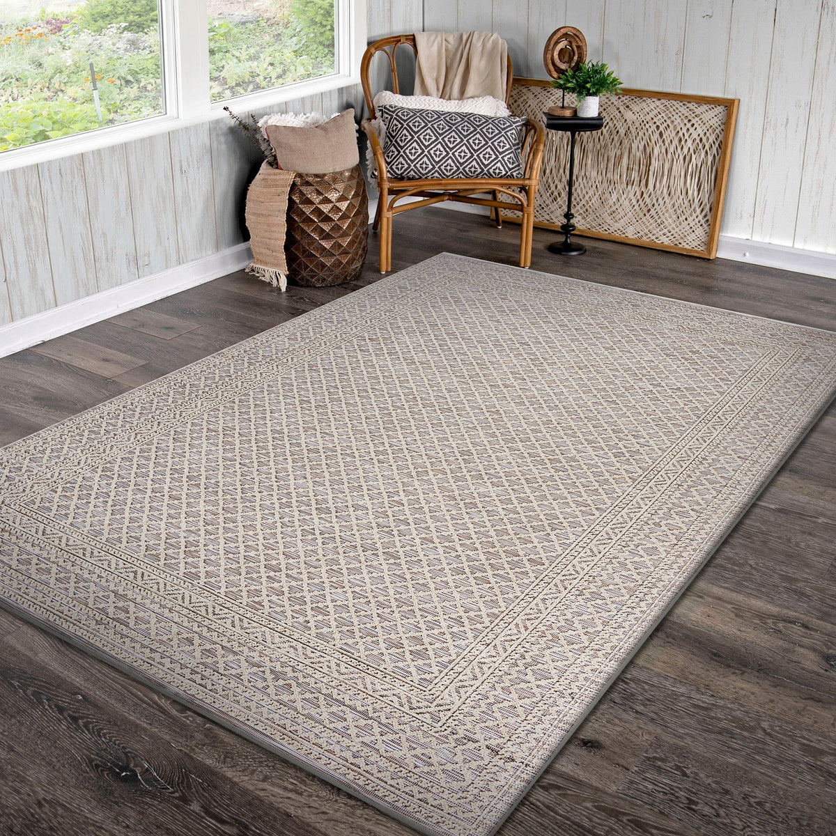 Natural-Toned Classic Geometric Indoor/Outdoor Rug - lifestyle view 2