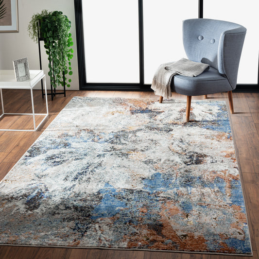 Revolution-81803 Modern Power-Loomed Rust/Blue/Gray/White Cotton Indoor Area Rug - LR Home