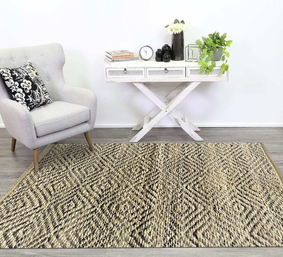 Hand-Woven Geometric Gray and Jute Rug - lifestyle view 2