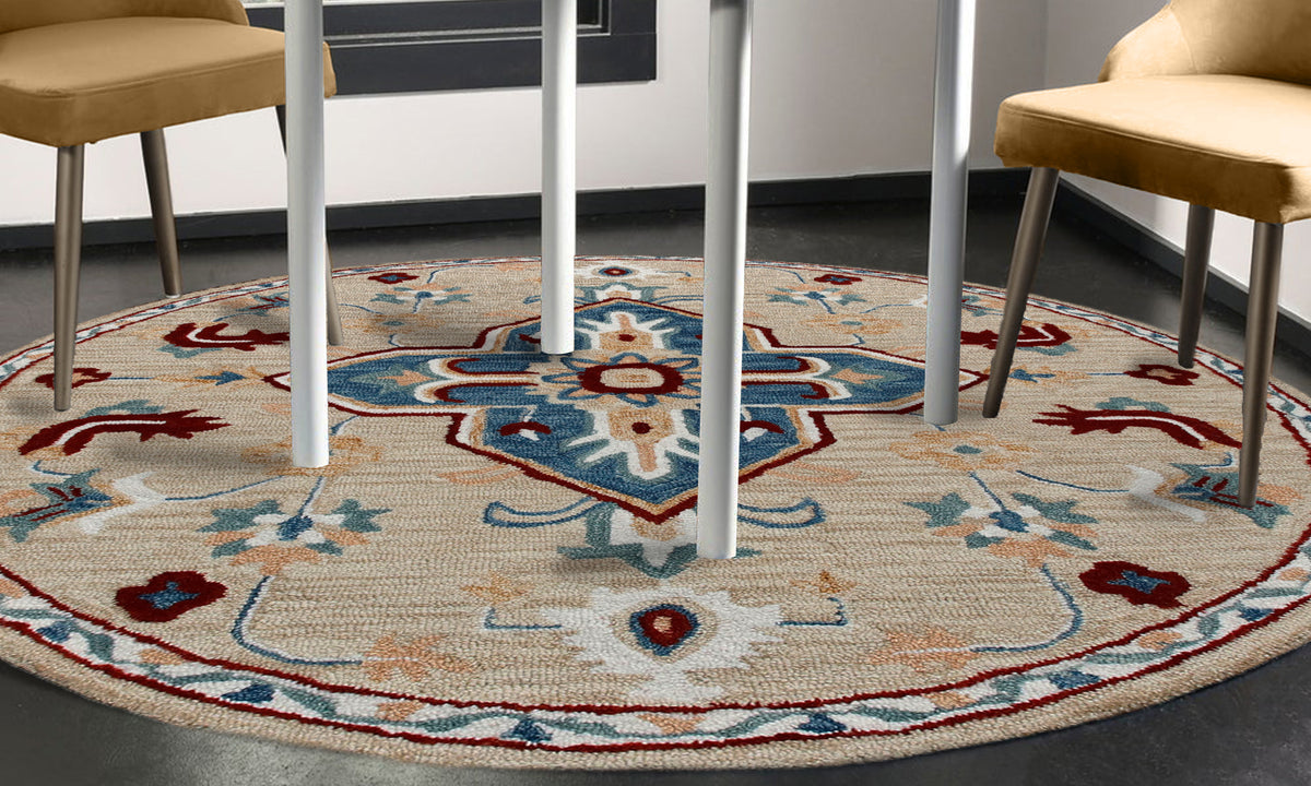 RugsA Beige/Blue Medallion Wool Round Rug - lifestyle view