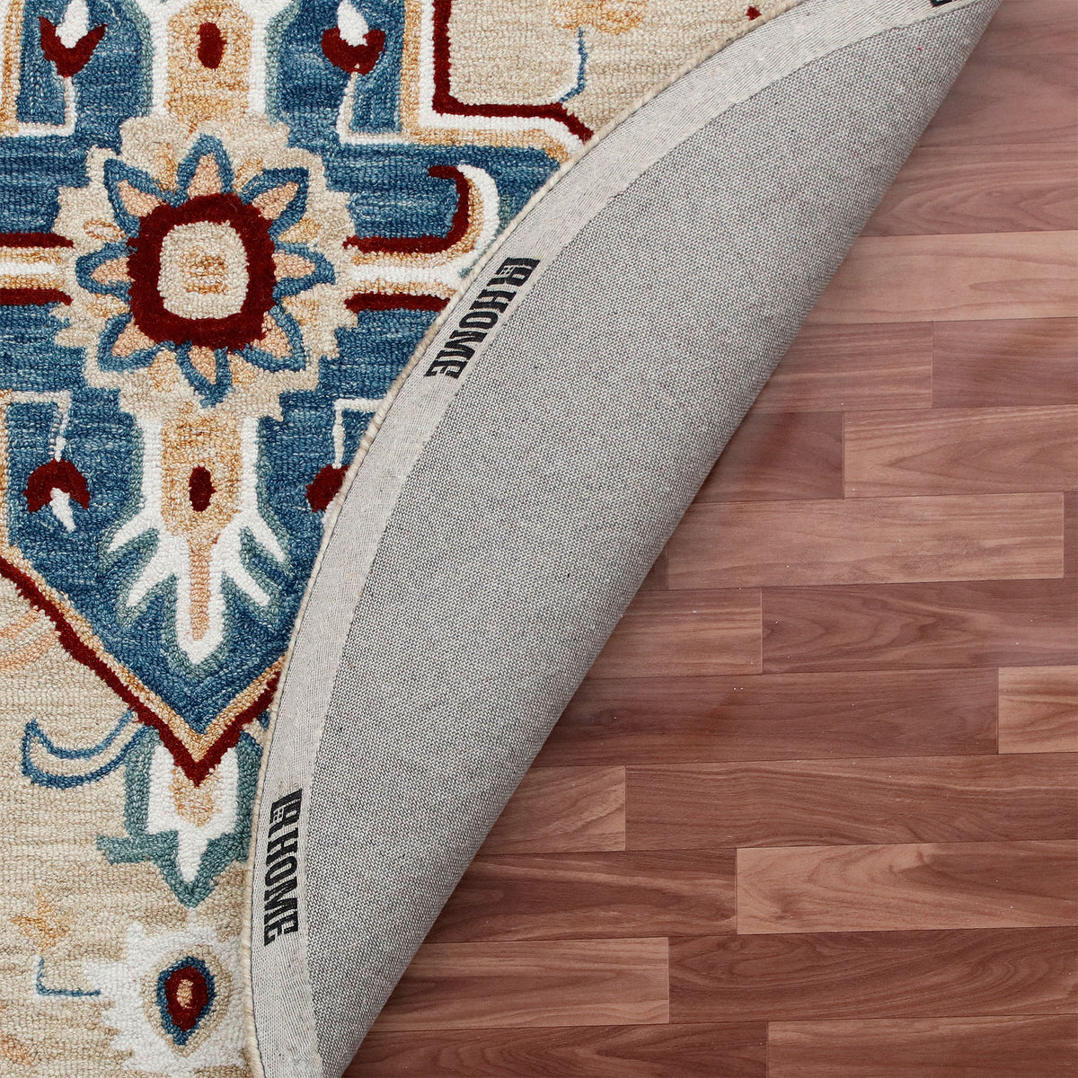 RugsA Beige/Blue Medallion Wool Round Rug - back view
