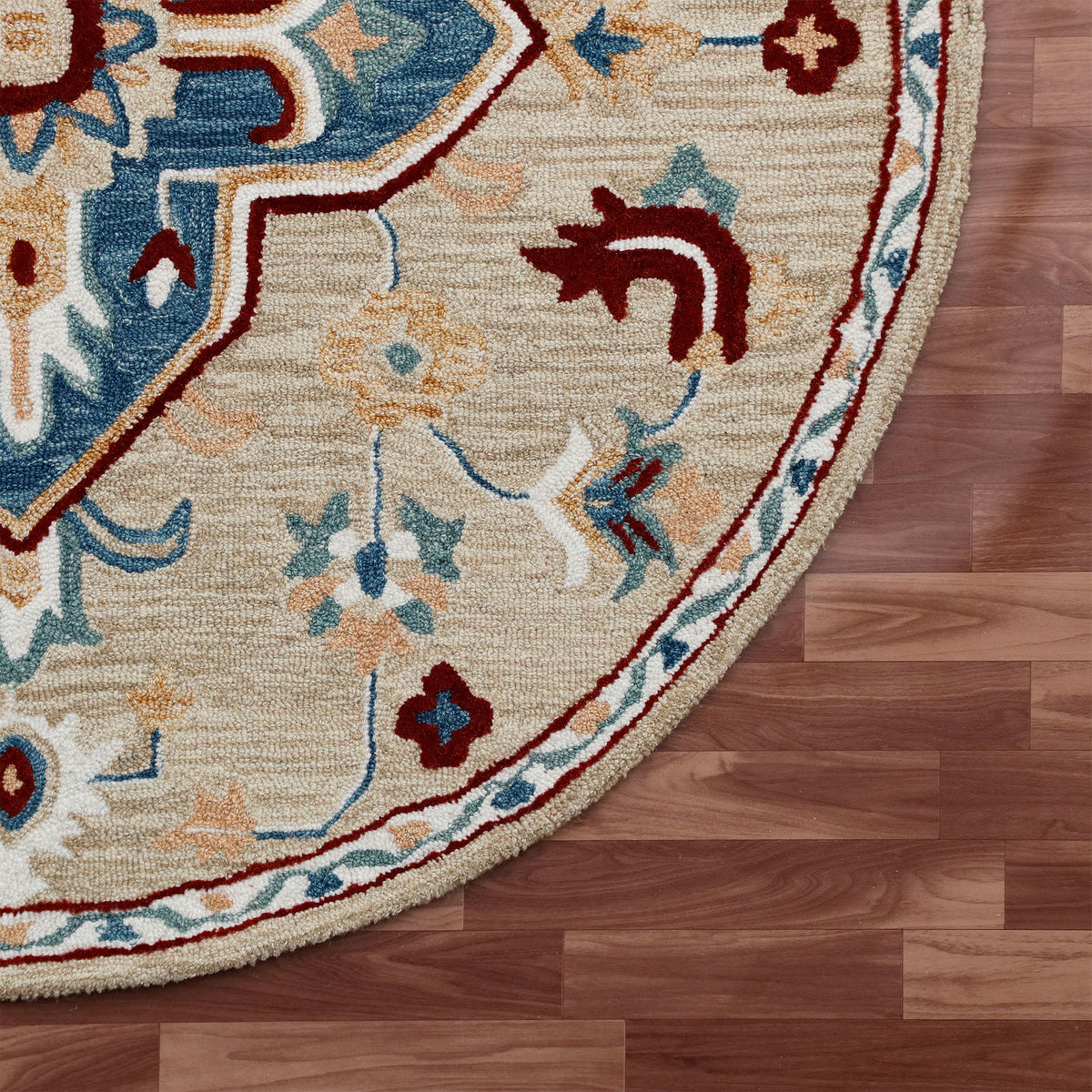 RugsA Beige/Blue Medallion Wool Round Rug - corner view
