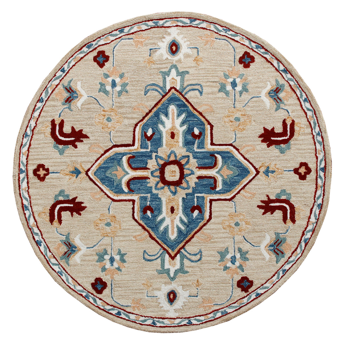 RugsA Beige/Blue Medallion Wool Round Rug - Silo view