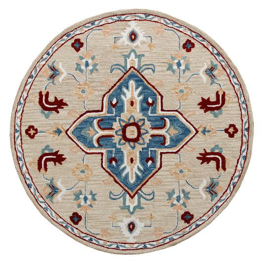 RugsA Beige/Blue Medallion Wool Round Rug - Silo view