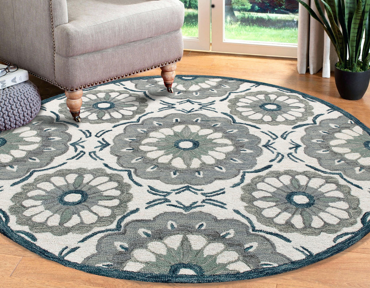 RugsA Ivory/Gray Suzani Wool Round Rug - lifestyle view