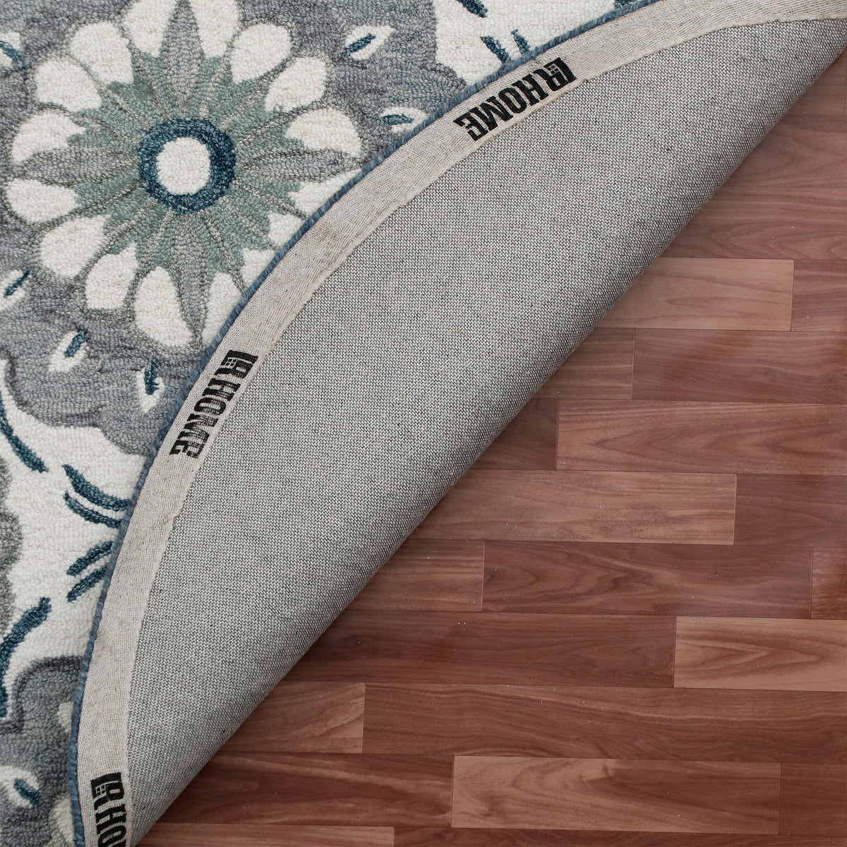 RugsA Ivory/Gray Suzani Wool Round Rug - back view