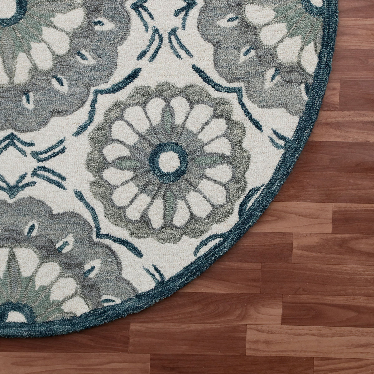 RugsA Ivory/Gray Suzani Wool Round Rug - corner view