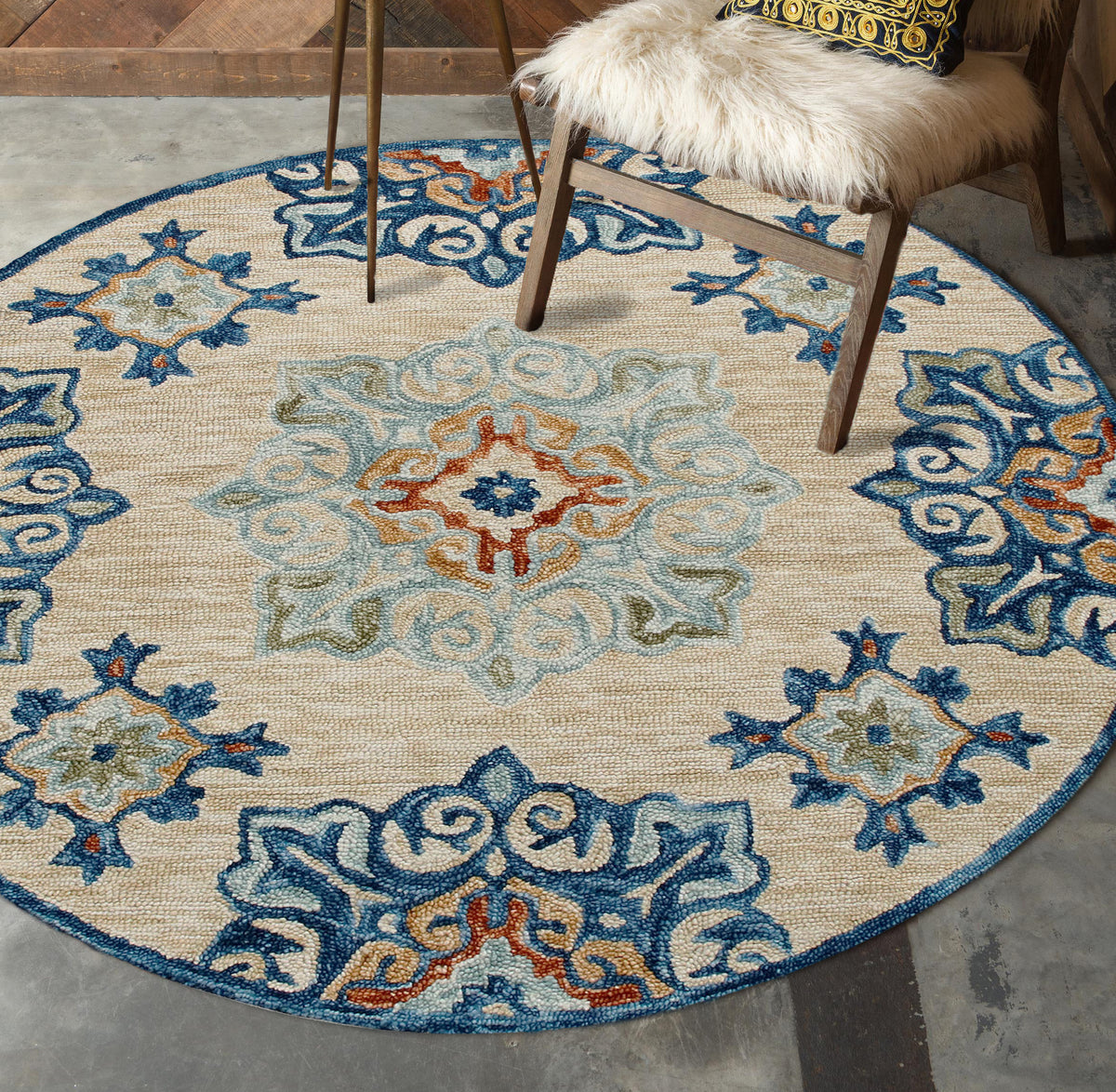 RugsA Beige/Blue Medallion Wool Round Rug - lifestyle view
