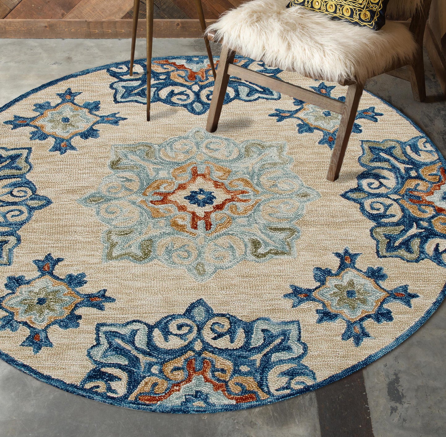 Rugs Ariel-22133 Farmhouse Hand-Tufted Beige/Blue Cotton Indoor Area Rug - LR Home