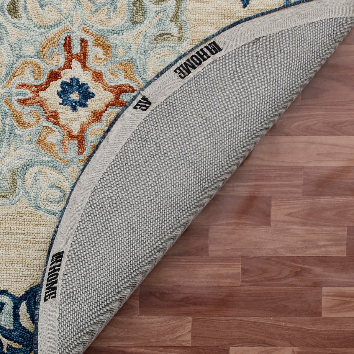 RugsA Beige/Blue Medallion Wool Round Rug - back view