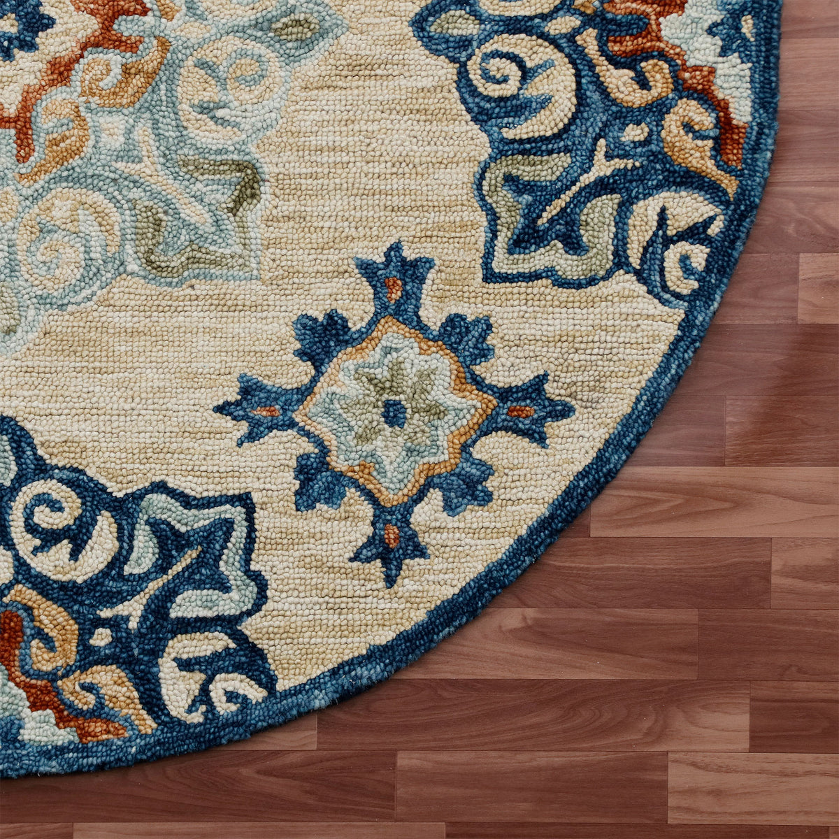 RugsA Beige/Blue Medallion Wool Round Rug - corner view