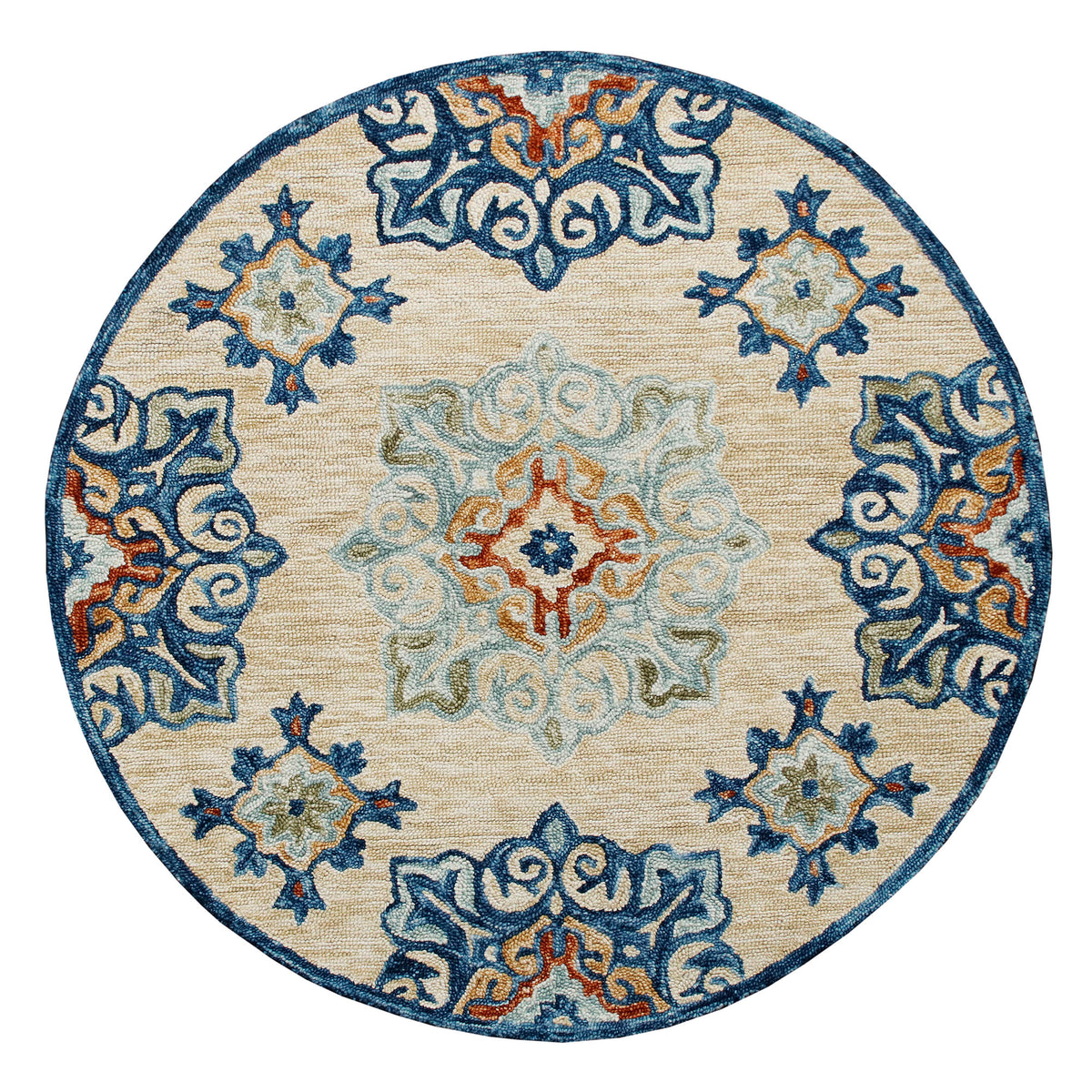 RugsA Beige/Blue Medallion Wool Round Rug - Silo view
