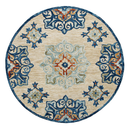 RugsA Beige/Blue Medallion Wool Round Rug - Silo view