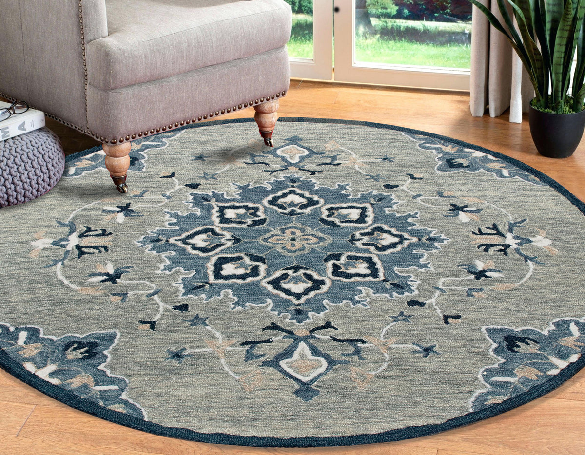 RugsA Gray/Blue Medallion Wool Round Rug - lifestyle view