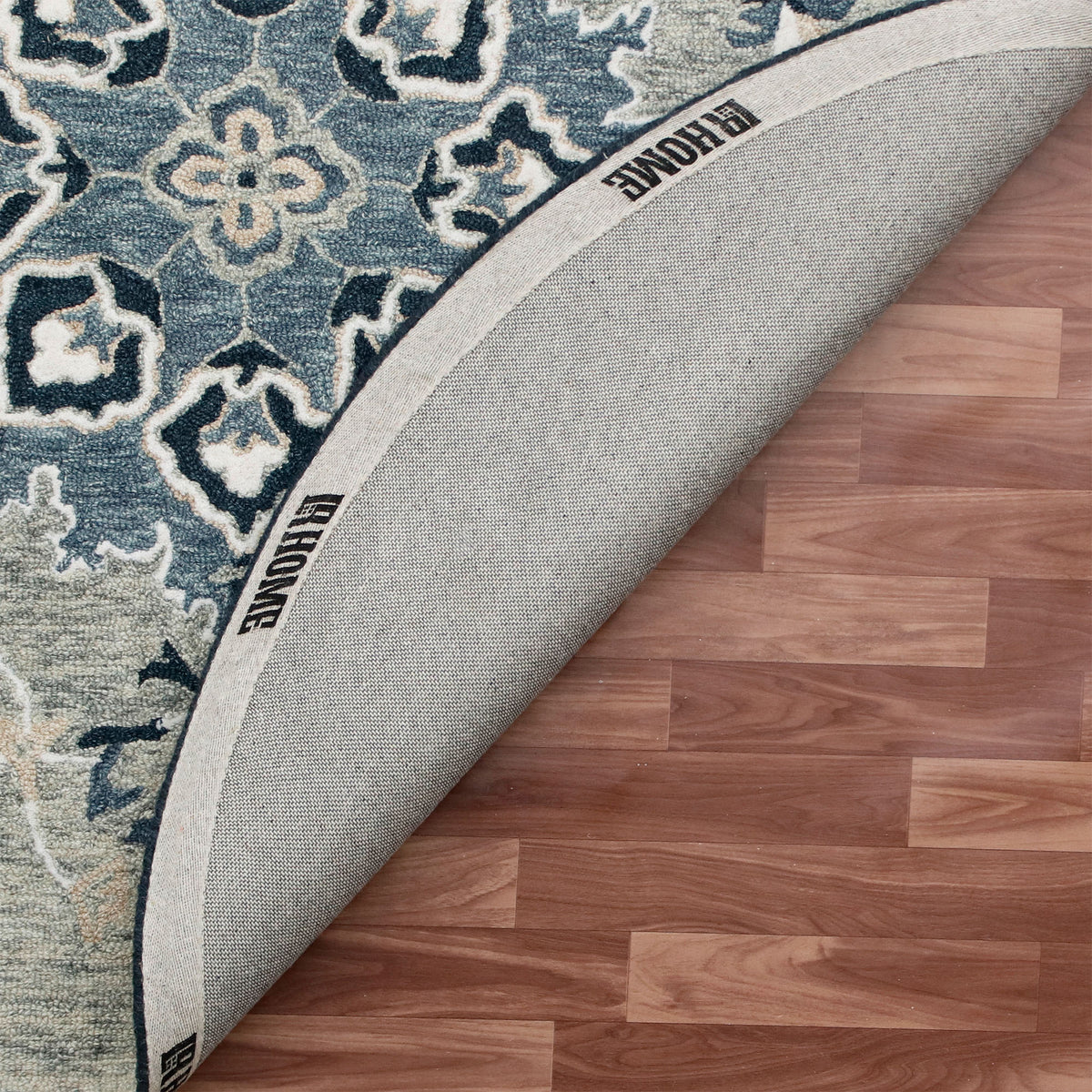 RugsA Gray/Blue Medallion Wool Round Rug - back view
