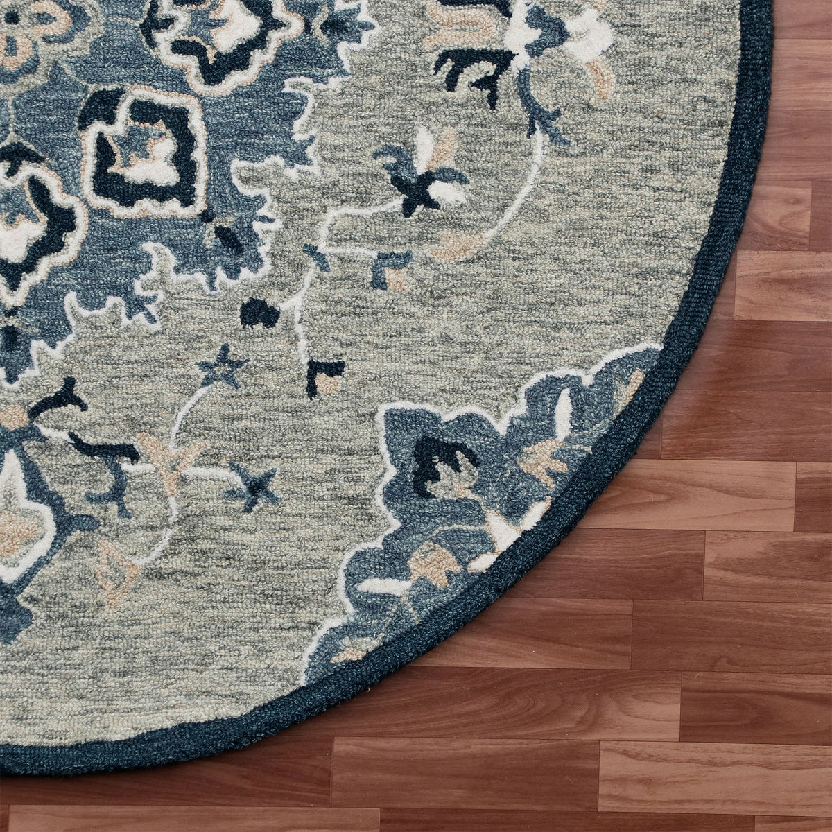 RugsA Gray/Blue Medallion Wool Round Rug - corner view