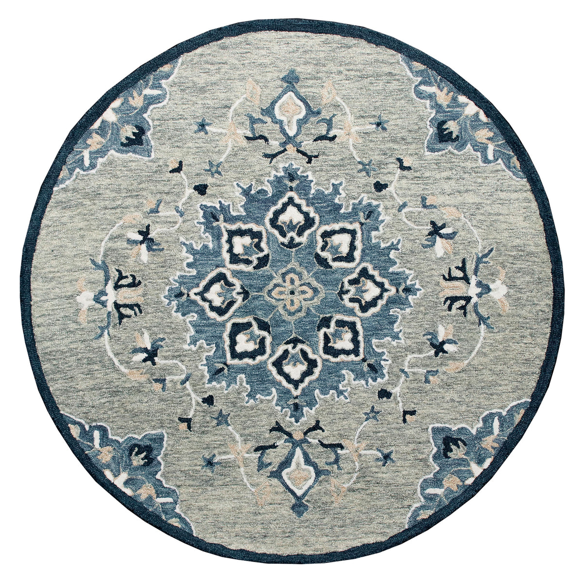 RugsA Gray/Blue Medallion Wool Round Rug - Silo view