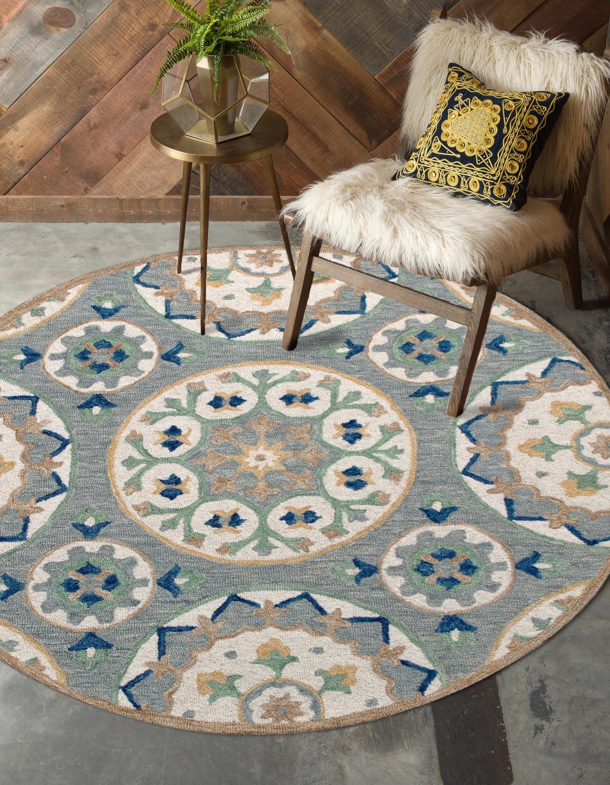 RugsA Gray/Brown Suzani Wool Round Rug - lifestyle view