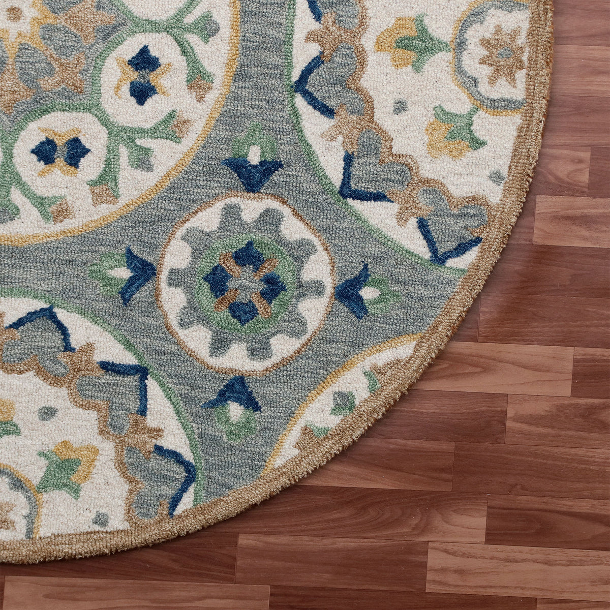 RugsA Gray/Brown Suzani Wool Round Rug - corner view