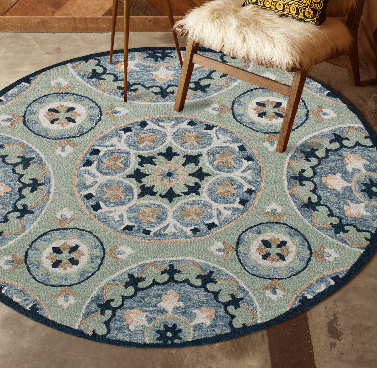 RugsA Sage/Blue Suzani Wool Round Rug - lifestyle view