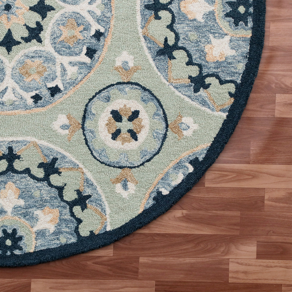 RugsA Sage/Blue Suzani Wool Round Rug - corner view