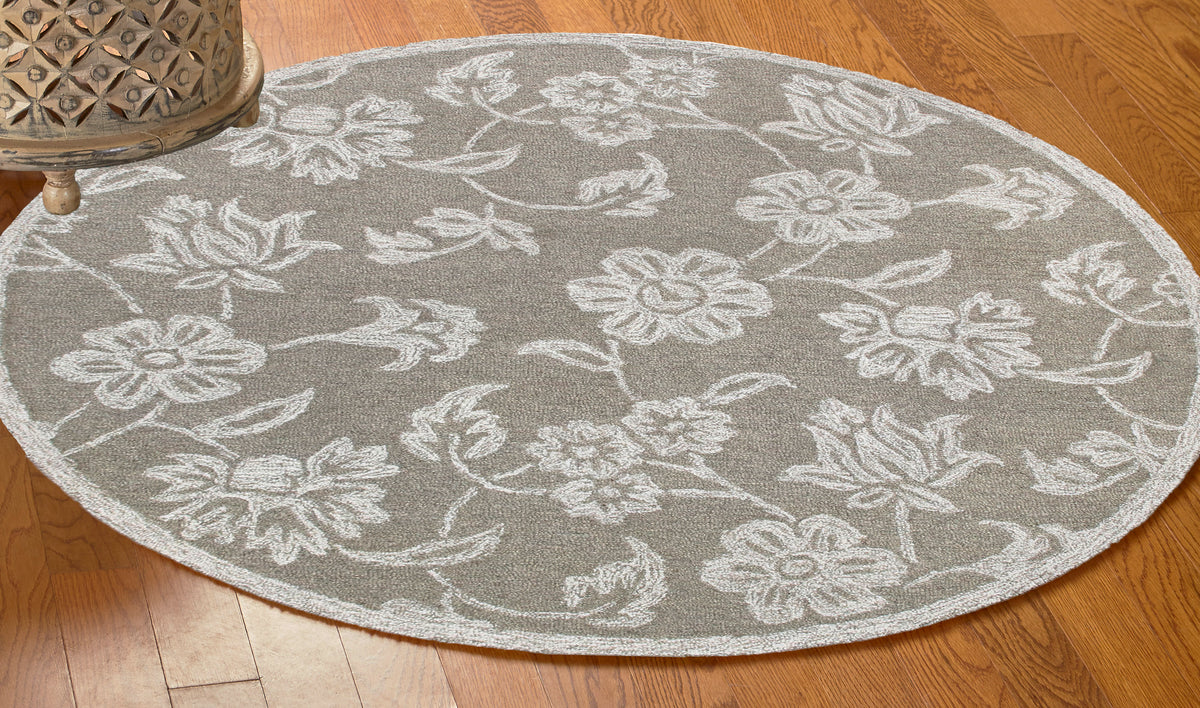 RugsA Gray/Ivory Floral Wool Round Rug - lifestyle view