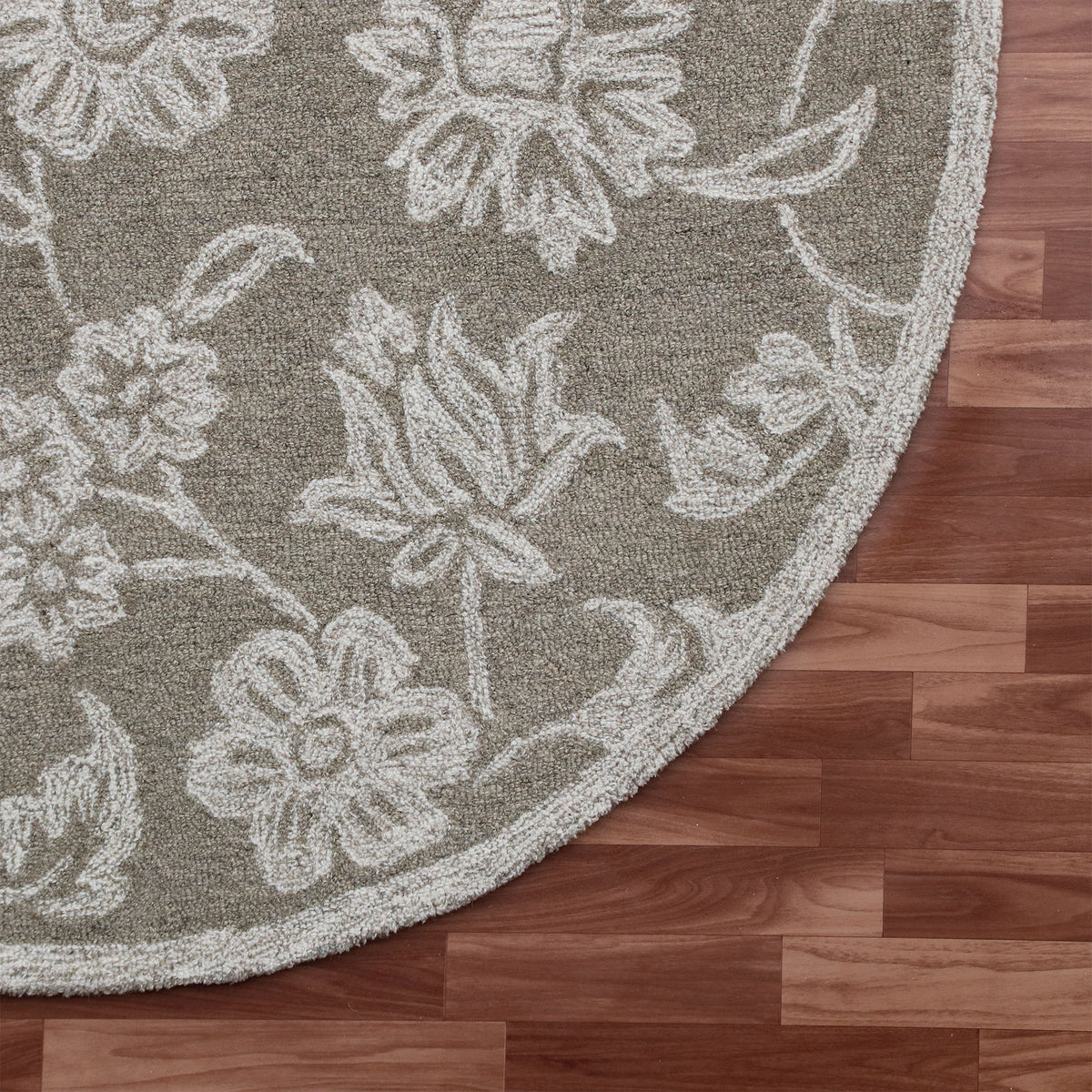 RugsA Gray/Ivory Floral Wool Round Rug - corner view