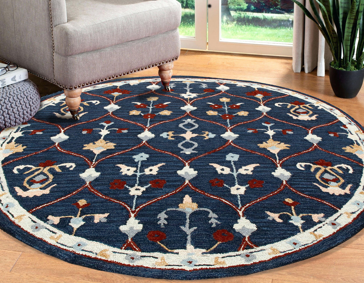 RugsA Navy/Red Trellis Wool Round Rug - lifestyle view 2