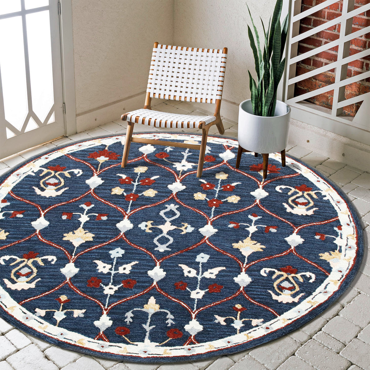 RugsA Navy/Red Trellis Wool Round Rug - lifestyle view