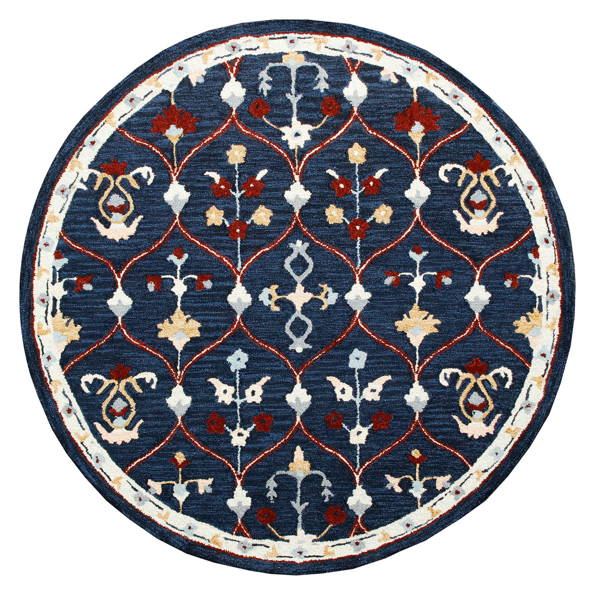 RugsA Navy/Red Trellis Wool Round Rug - Silo view