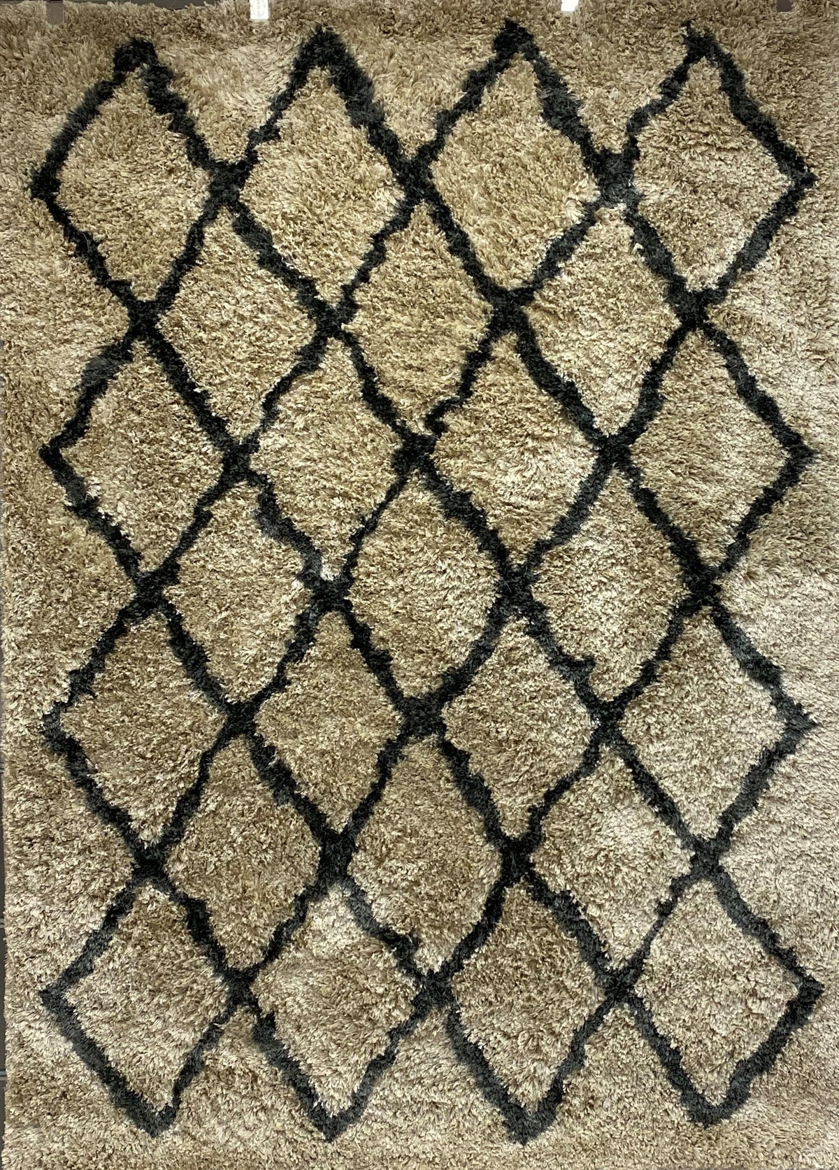 Cream and Charcoal Moroccan Geometric Shag Rug - Silo view