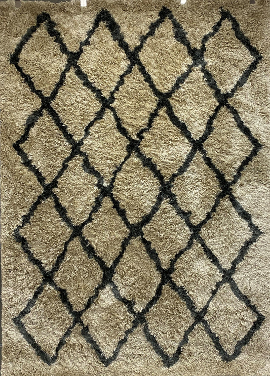 Cream and Charcoal Moroccan Geometric Shag Rug - Silo view
