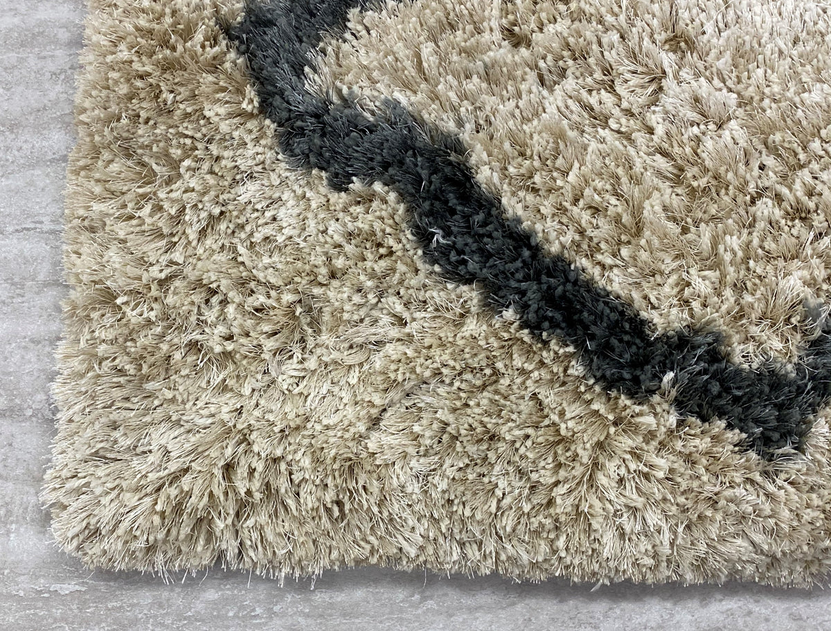 Cream and Charcoal Moroccan Geometric Shag Rug - side angle view