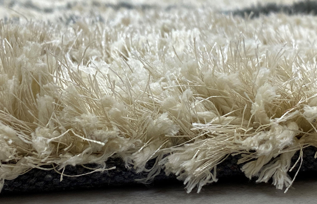 Cream and Charcoal Moroccan Geometric Shag Rug - close-up detail