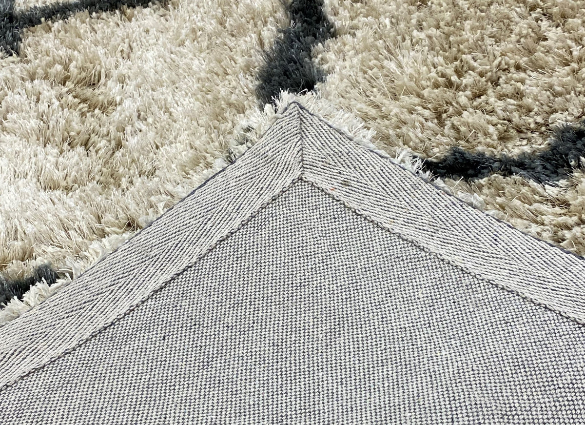 Cream and Charcoal Moroccan Geometric Shag Rug - corner view