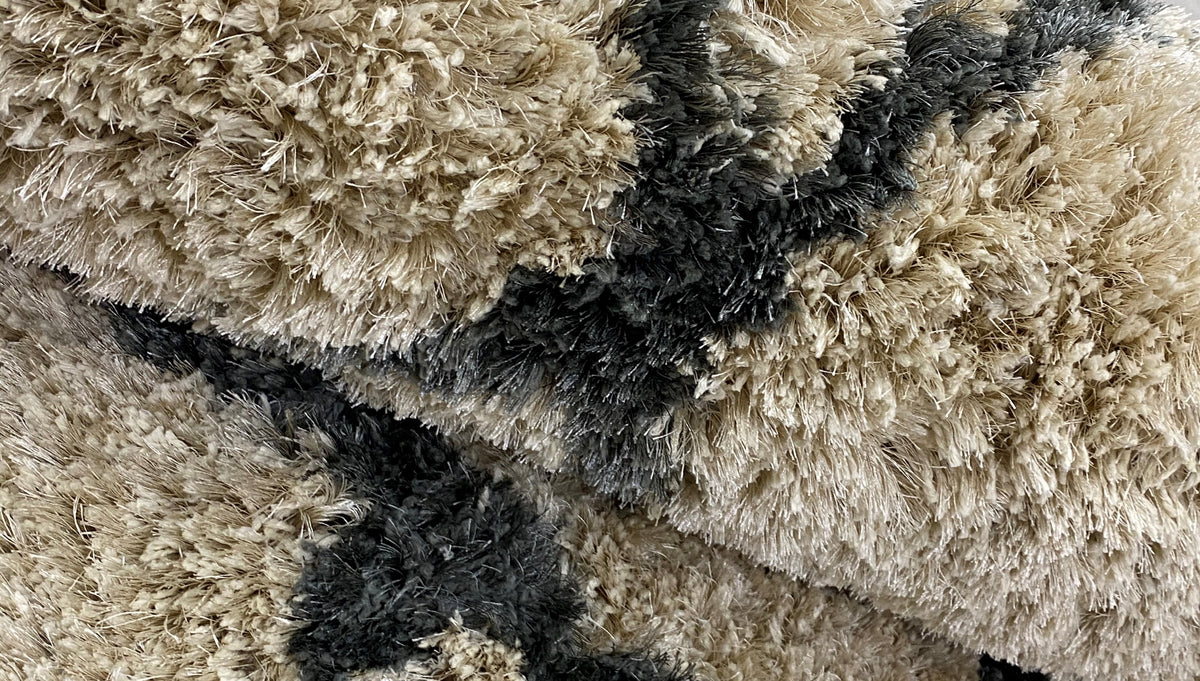 Cream and Charcoal Moroccan Geometric Shag Rug - back view