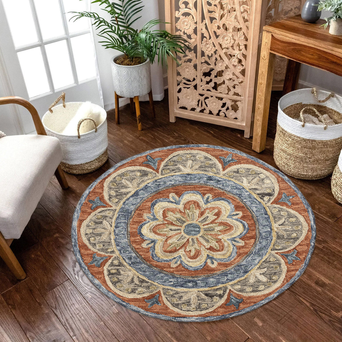 Rust Floral Farmhouse Hand-Woven Wool Indoor Area Rug - lifestyle view