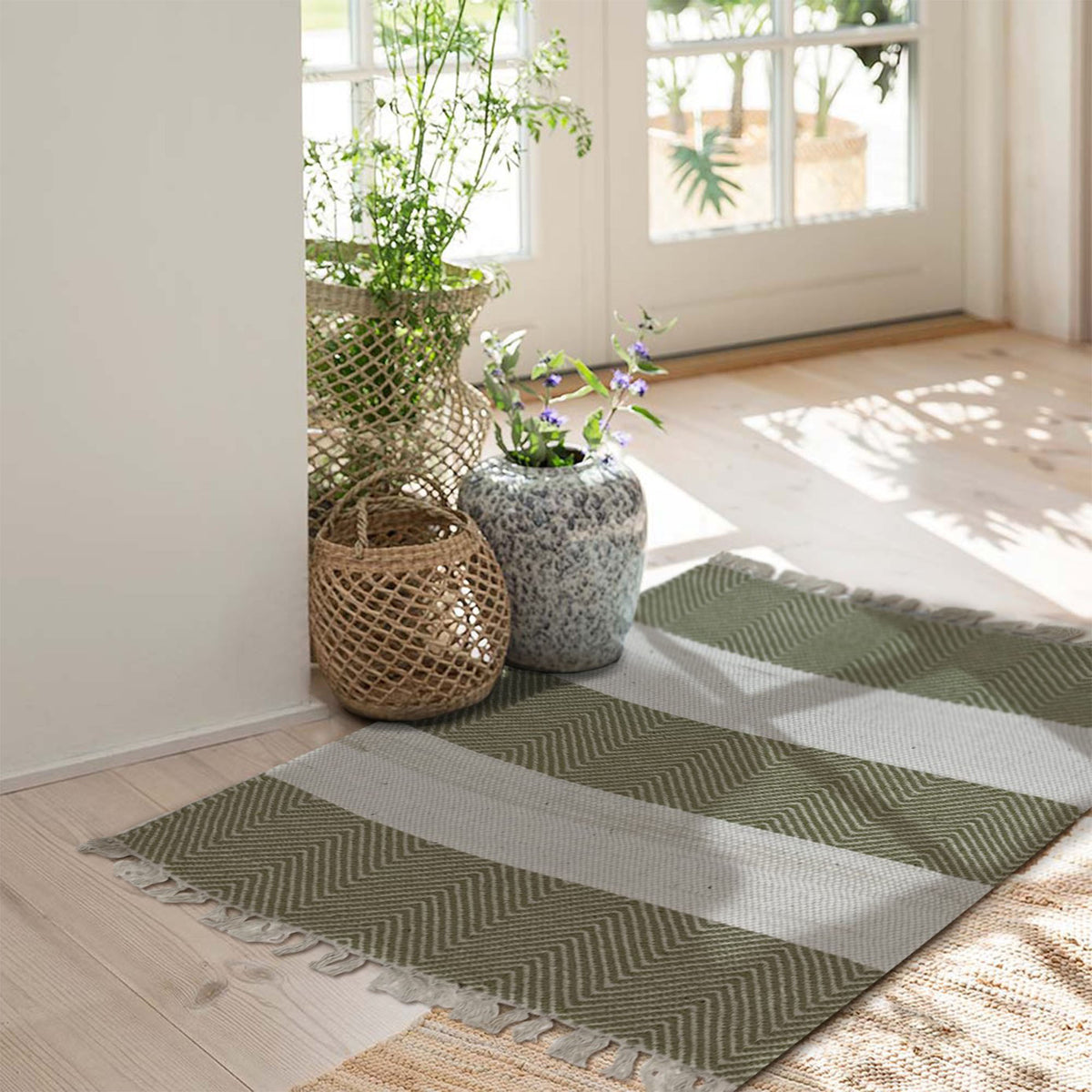 RugsA Olive Gray/Ivory Farmhouse Striped Wool Area Rug - lifestyle view